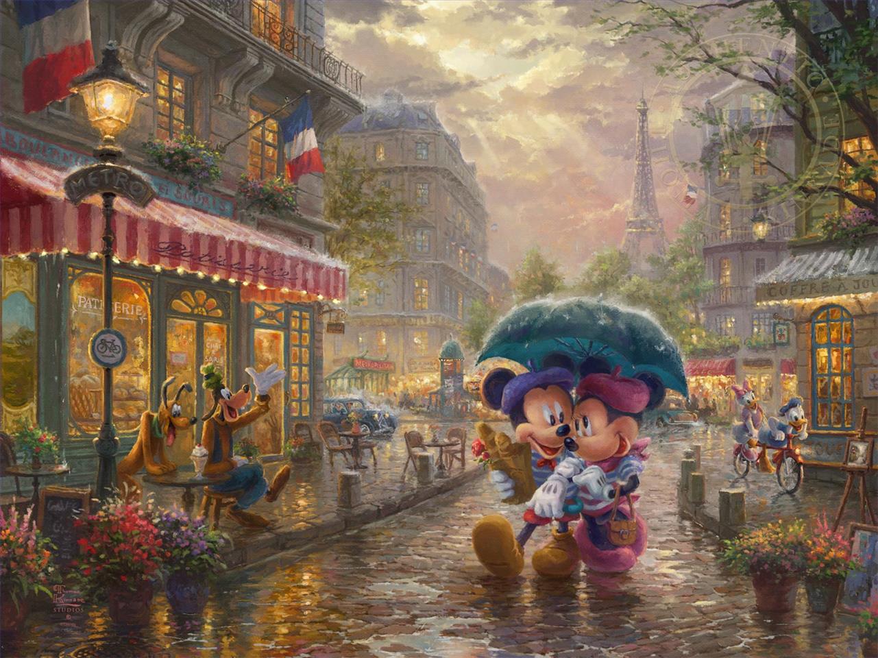Micky und Minnie in Paris Thomas Kinkade Ölgemälde